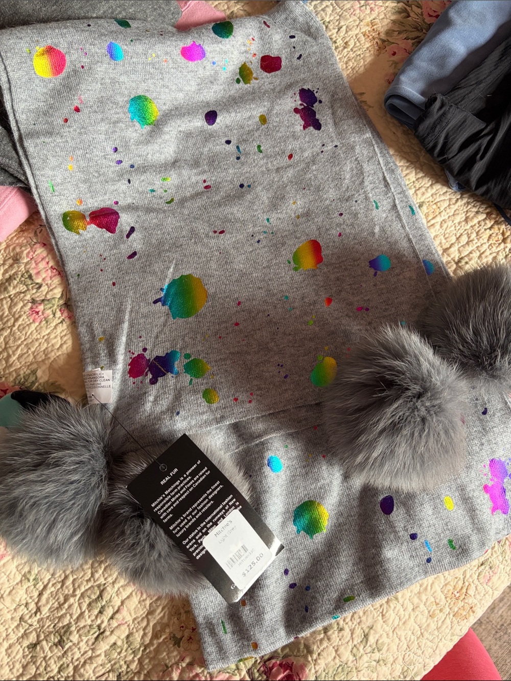 Kids Gray Pom Pom Scarf with Rainbow Splatter